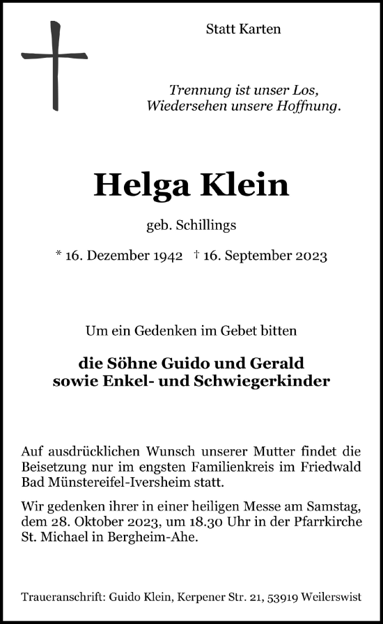 Anzeige von Helga Klein von  Werbepost 