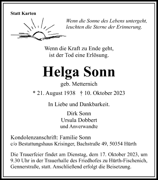 Anzeige von Helga Sonn von Kölner Stadt-Anzeiger / Kölnische Rundschau / Express