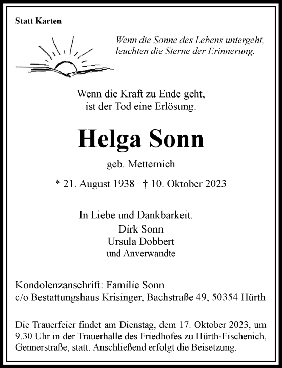 Anzeige von Helga Sonn von  Wochenende 