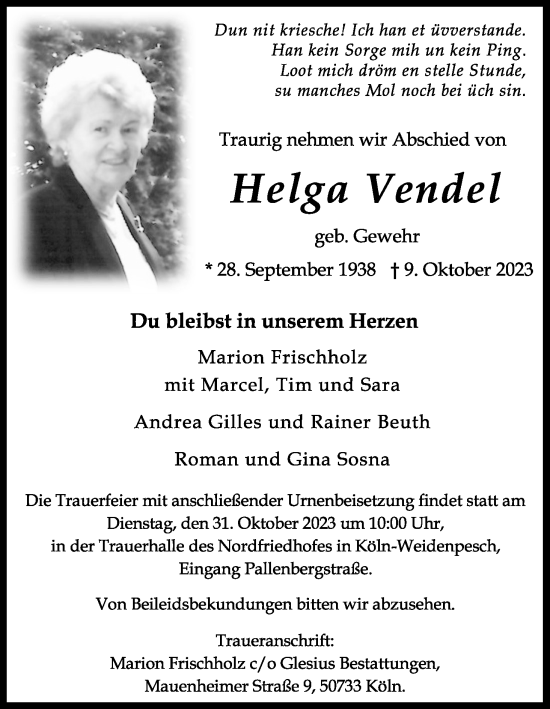 Anzeige von Helga Vendel von Kölner Stadt-Anzeiger / Kölnische Rundschau / Express