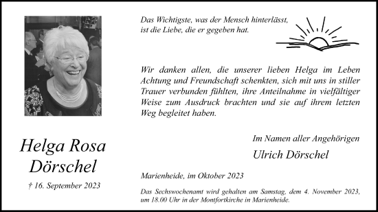 Anzeige von Helgan Rosa Dörschel von Kölner Stadt-Anzeiger / Kölnische Rundschau / Express