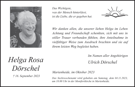 Anzeige von Helga Rosa Dörschel von  Anzeigen Echo 