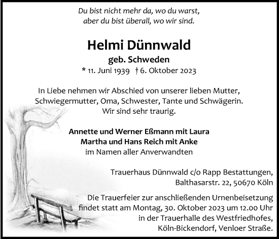 Anzeige von Helmi Dünnwald von Kölner Stadt-Anzeiger / Kölnische Rundschau / Express