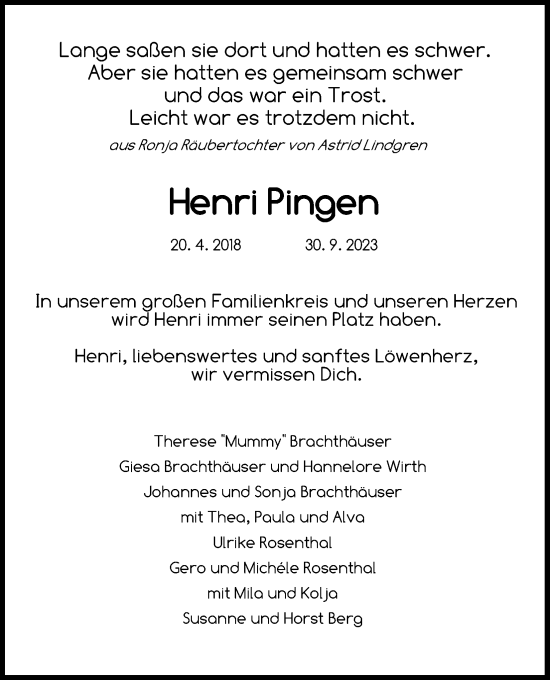 Anzeige von Henri Pingen von Kölner Stadt-Anzeiger / Kölnische Rundschau / Express
