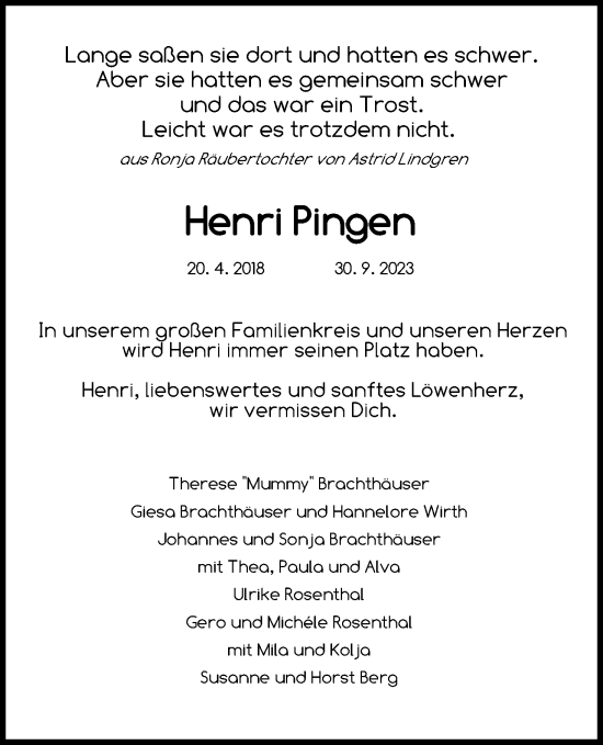 Anzeige von Henri Pingen von Kölner Stadt-Anzeiger / Kölnische Rundschau / Express