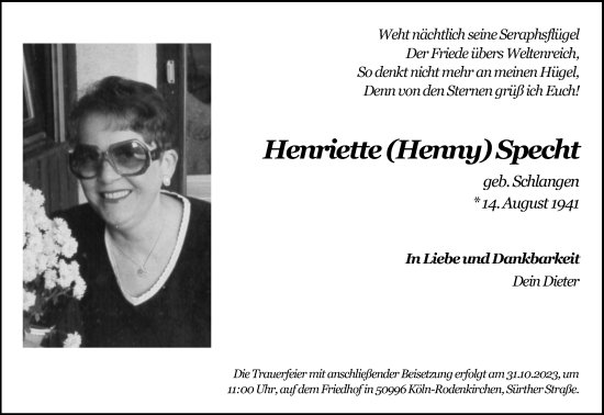 Anzeige von Henriette  Specht von Kölner Stadt-Anzeiger / Kölnische Rundschau / Express