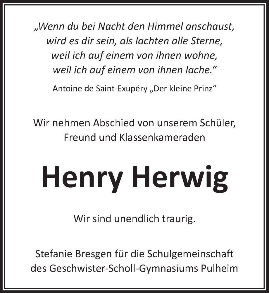  Traueranzeige für Henry Herwig vom 06.10.2023 aus  Wochenende 