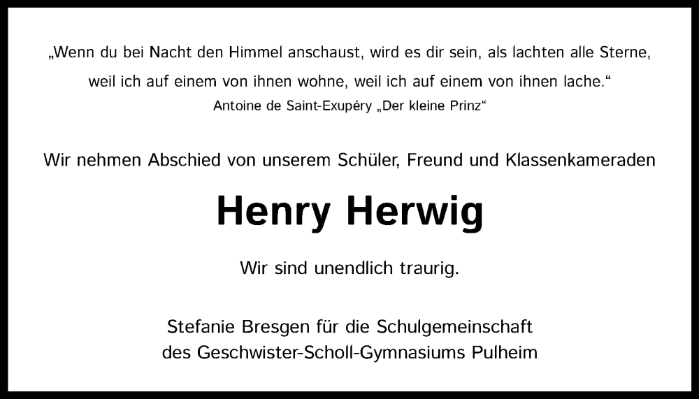  Traueranzeige für Henry Herwig vom 07.10.2023 aus Kölner Stadt-Anzeiger / Kölnische Rundschau / Express