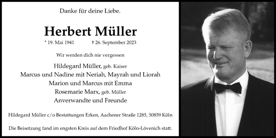 Anzeige von Herbert Müller von Kölner Stadt-Anzeiger / Kölnische Rundschau / Express