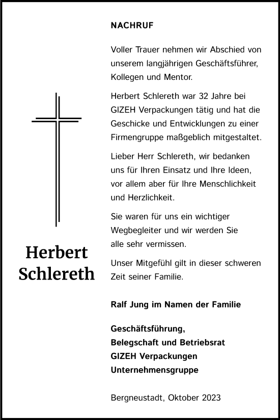 Anzeige von Herbert Schlereth von Kölner Stadt-Anzeiger / Kölnische Rundschau / Express
