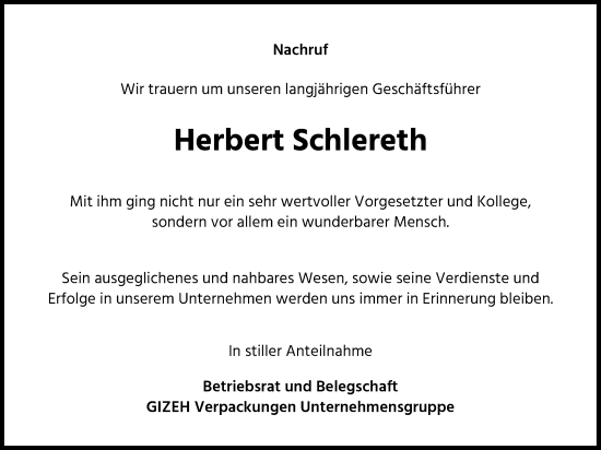 Anzeige von Herbert Schlereth von Kölner Stadt-Anzeiger / Kölnische Rundschau / Express
