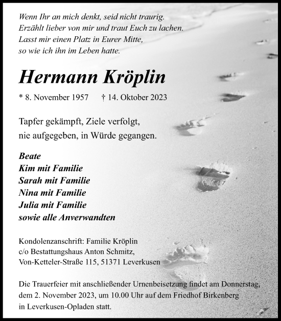 Anzeige von Hermann Kröplin von Kölner Stadt-Anzeiger / Kölnische Rundschau / Express