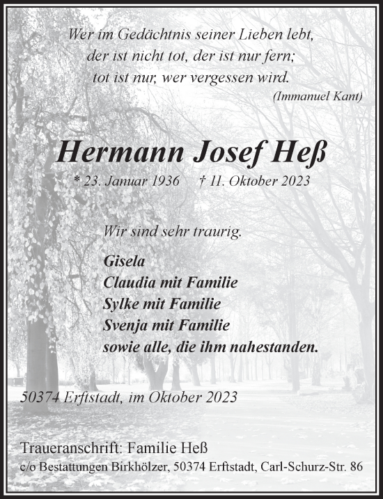 Anzeige von Hermann Josef Heß von  Werbepost 