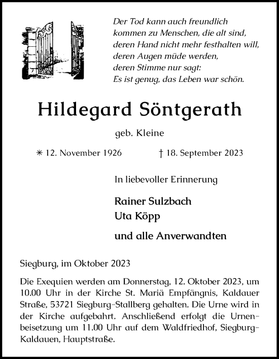 Anzeige von Hildegard Söntgerath von Kölner Stadt-Anzeiger / Kölnische Rundschau / Express