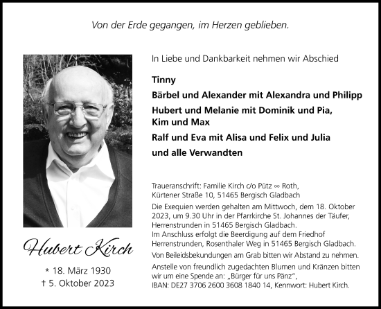 Anzeige von Hubert Kirch von Kölner Stadt-Anzeiger / Kölnische Rundschau / Express