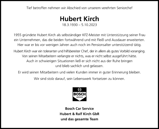 Anzeige von Hubert Kirch von Kölner Stadt-Anzeiger / Kölnische Rundschau / Express