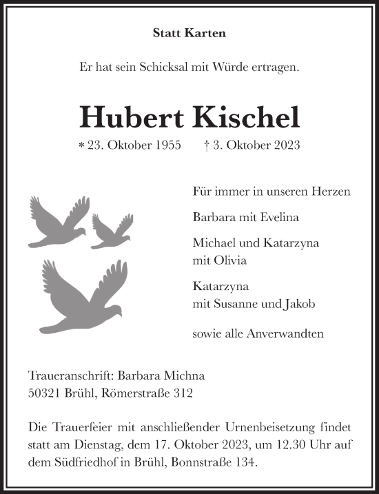 Anzeige von Hubert Kischel von  Schlossbote/Werbekurier 
