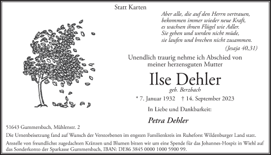 Anzeige von Ilse Dehler von  Anzeigen Echo  Lokalanzeiger 