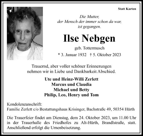 Anzeige von Ilse Nebgen von Kölner Stadt-Anzeiger / Kölnische Rundschau / Express