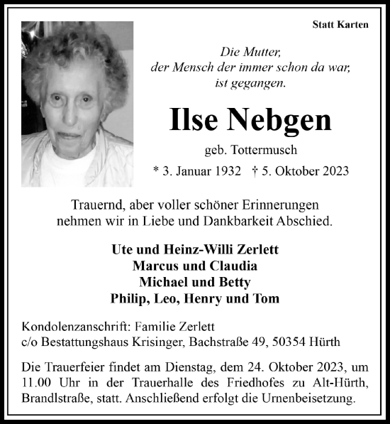 Anzeige von Ilse Nebgen von  Wochenende 