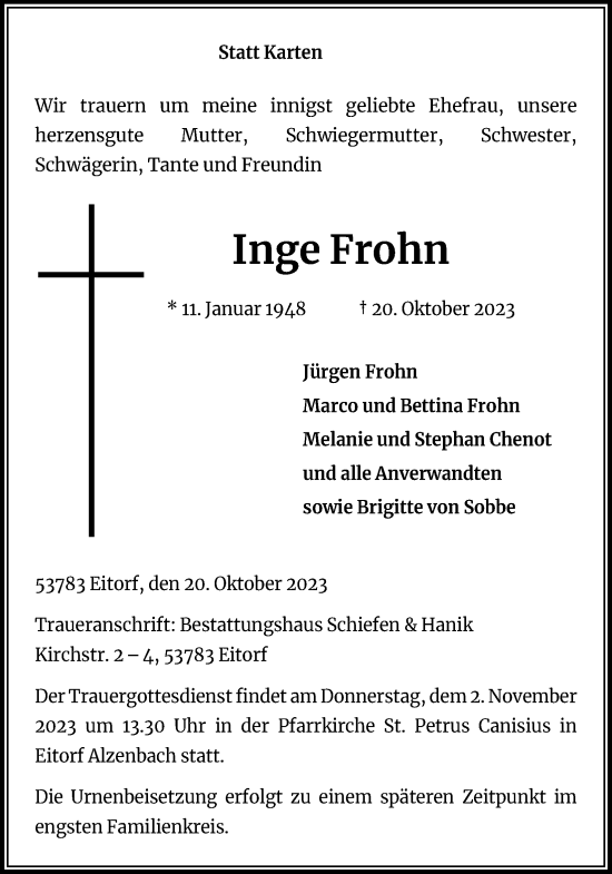 Anzeige von Inge Frohn von Kölner Stadt-Anzeiger / Kölnische Rundschau / Express