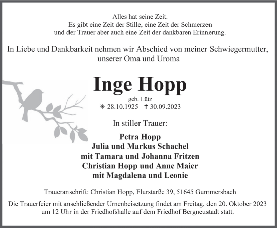 Anzeige von Inge Hopp von  Anzeigen Echo 