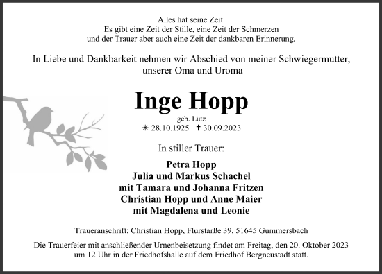 Anzeige von Inge Hopp von Kölner Stadt-Anzeiger / Kölnische Rundschau / Express