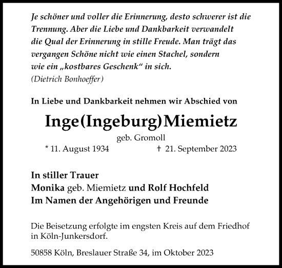 Anzeige von Ingeburg Miemietz von Kölner Stadt-Anzeiger / Kölnische Rundschau / Express