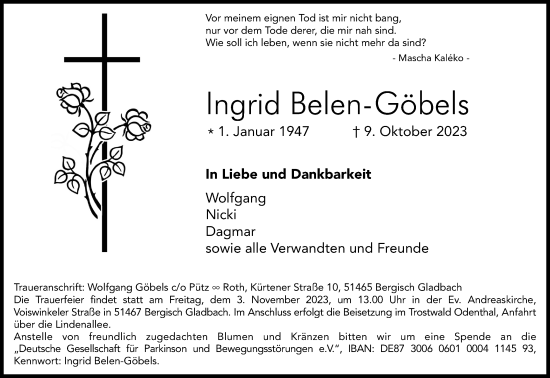 Anzeige von Ingrid Belen-Göbels von Kölner Stadt-Anzeiger / Kölnische Rundschau / Express
