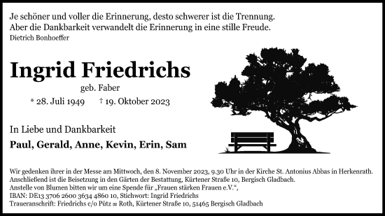Anzeige von Ingrid Friedrichs von Kölner Stadt-Anzeiger / Kölnische Rundschau / Express