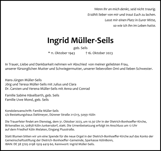 Anzeige von Ingrid Müller-Seils von Kölner Stadt-Anzeiger / Kölnische Rundschau / Express