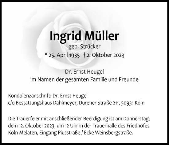 Anzeige von Ingrid Müller von Kölner Stadt-Anzeiger / Kölnische Rundschau / Express