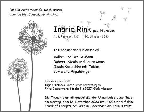 Anzeige von Ingrid Rink von Kölner Stadt-Anzeiger / Kölnische Rundschau / Express
