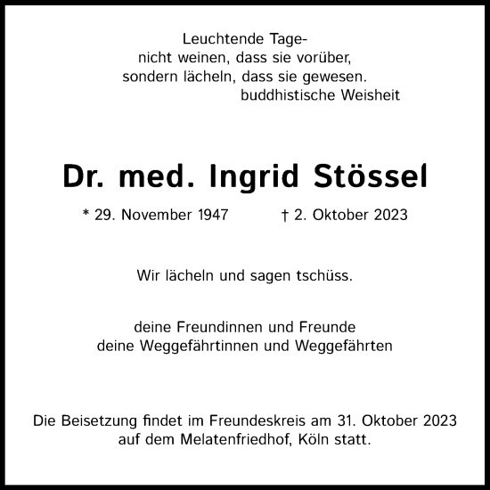 Anzeige von Ingrid Stössel von Kölner Stadt-Anzeiger / Kölnische Rundschau / Express