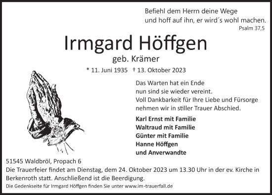 Anzeige von Irmgard Höffgen von  Lokalanzeiger 