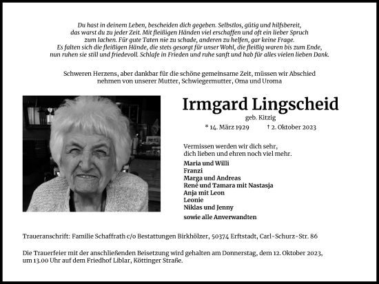 Anzeige von Irmgard Lingscheid von Kölner Stadt-Anzeiger / Kölnische Rundschau / Express