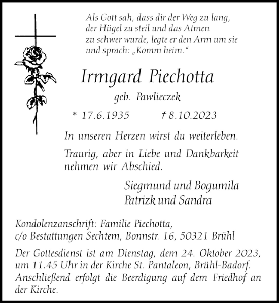 Anzeige von Irmgard Piechotta von  Schlossbote/Werbekurier 