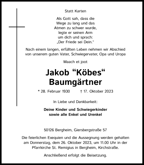 Anzeige von Jakob Baumgärtner von Kölner Stadt-Anzeiger / Kölnische Rundschau / Express