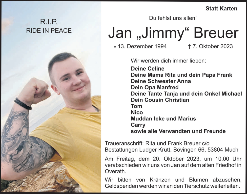  Traueranzeige für Jan Breuer vom 13.10.2023 aus  Bergisches Handelsblatt 