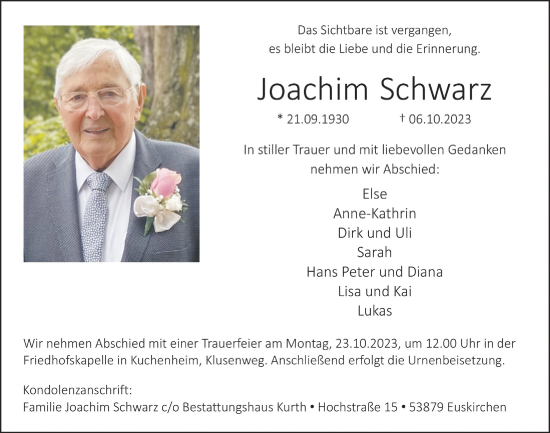 Anzeige von Joachim Schwarz von  Blickpunkt Euskirchen 