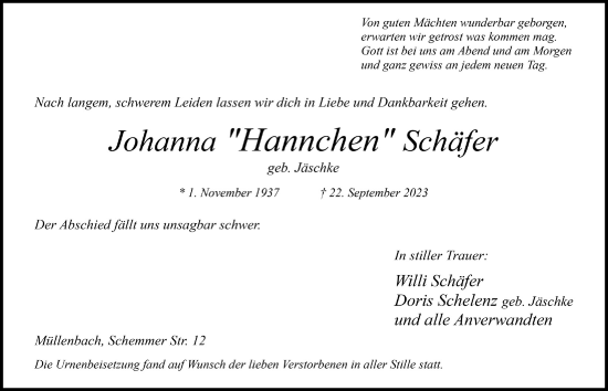 Anzeige von Johanna  Schäfer von  Anzeigen Echo 