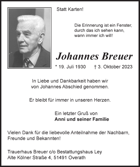 Anzeige von Johannes Breuer von  Bergisches Handelsblatt 