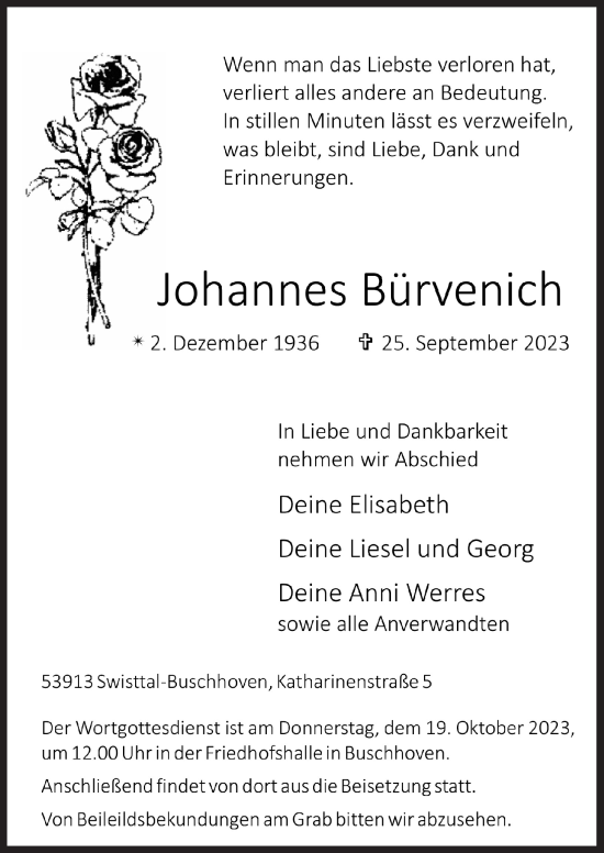 Anzeige von Johannes Bürvenich von  Schaufenster/Blickpunkt 
