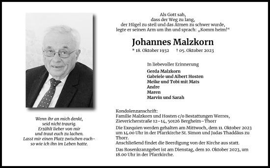Anzeige von Johannes Malzkorn von Kölner Stadt-Anzeiger / Kölnische Rundschau / Express