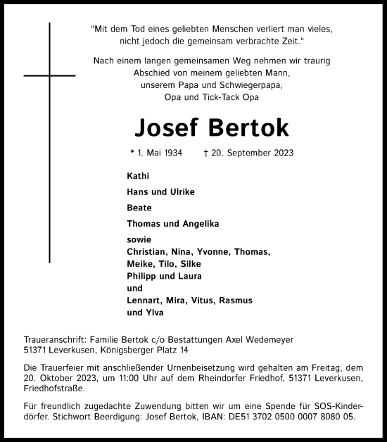 Anzeige von Josef Bertok von Kölner Stadt-Anzeiger / Kölnische Rundschau / Express