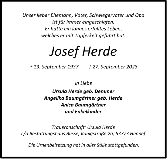 Anzeige von Josef Herde von Kölner Stadt-Anzeiger / Kölnische Rundschau / Express