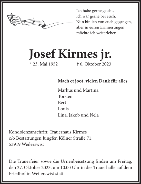Anzeige von Josef Kirmes jr. von  Blickpunkt Euskirchen 