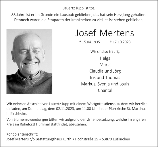 Anzeige von Josef Mertens von  Blickpunkt Euskirchen 