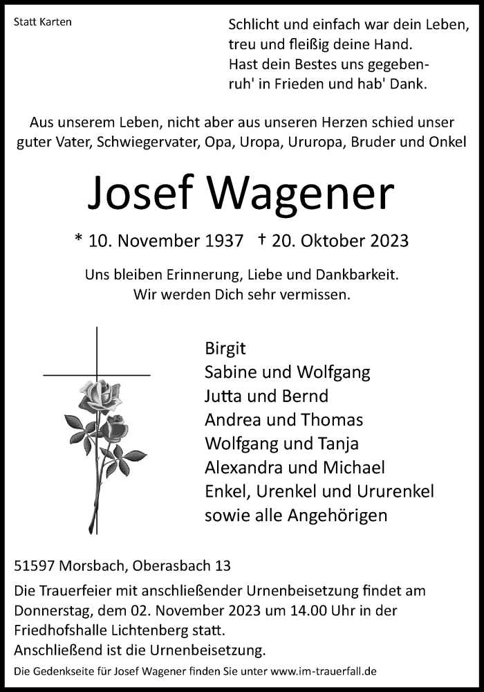  Traueranzeige für Josef Wagener vom 28.10.2023 aus Kölner Stadt-Anzeiger / Kölnische Rundschau / Express