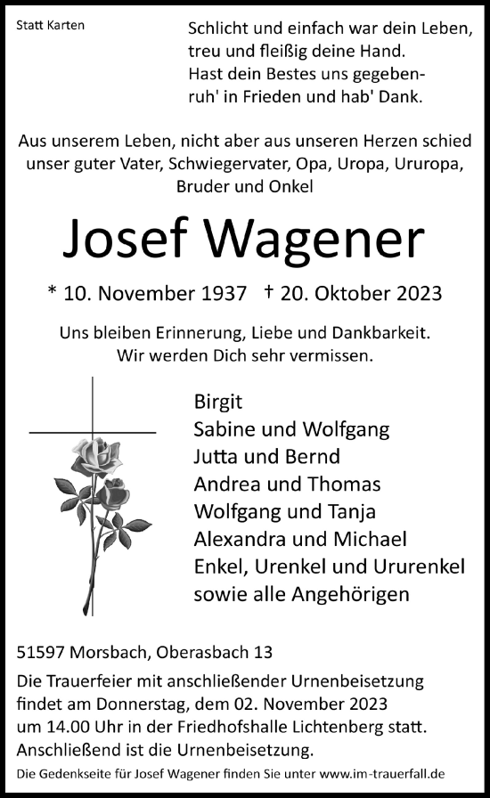 Anzeige von Josef Wagener von  Lokalanzeiger 